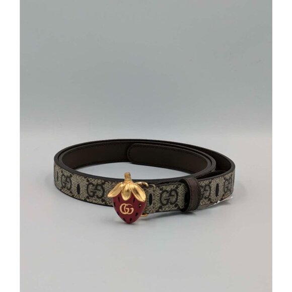 Gucci Women’s Monogram Strawberry-plaque GG-supreme Canvas Thin Buckle Belt Ebon - Picture 2 of 10